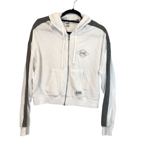 Victorias Secret Pink Cropped Zip-Up Hoodie Sweatshirt Love Pink Logo Size M - Picture 2 of 8